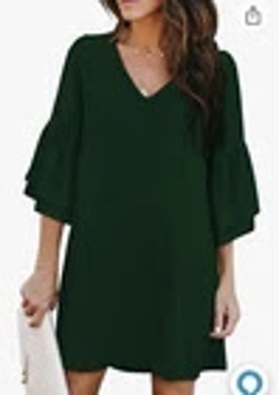 Belongsci Women's V-Neck Bell Sleeve Shift Dress Emerald Green Cocktail Event Lg